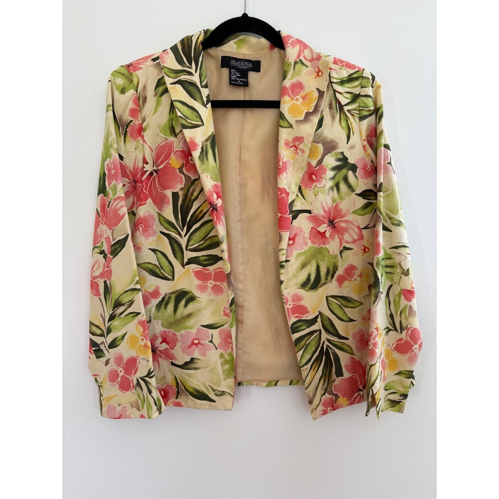 Peck & Peck Silk Linen Blend Floral Blazer Jacket Pink Green Tropical | M